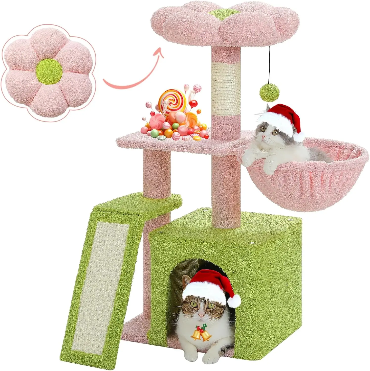 

32'' Pink Flower Cat Tree with Scratching Ramp, Hammock & Removable Bed for Indoor Cats and Kittens