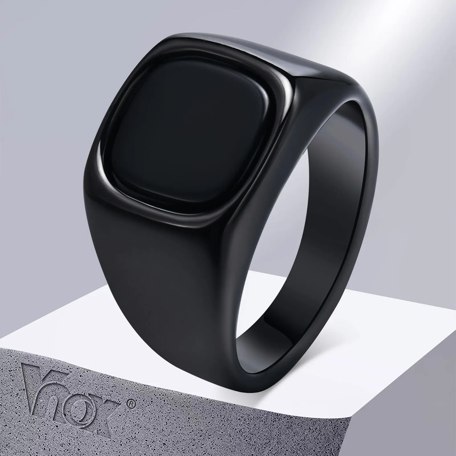 Vnox Punk Black Stone Rings for Men, Anti Allergy Stainless Steel Signet Ring, Finger Gifts for Him, anel masculino