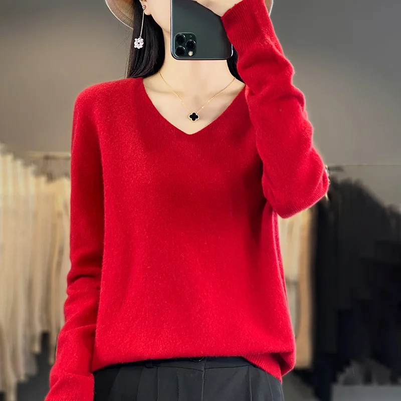 New 100% Pure Wool Long-Sleeved V-Neck Sweater For Women In Autumn And Winter Loose Pullover Knitted Bottoming Shirt