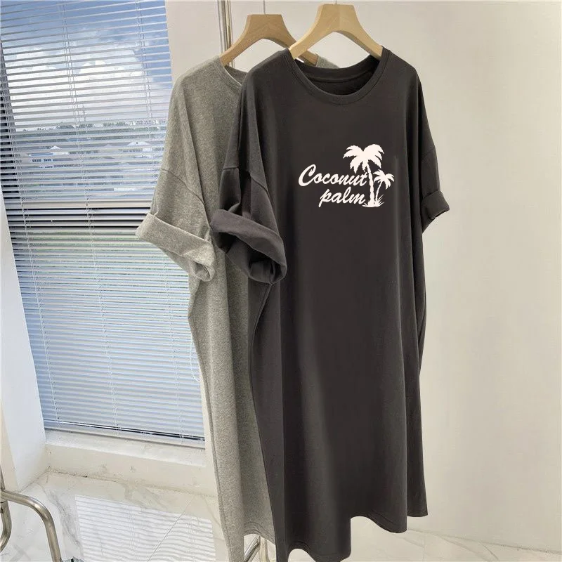 Summer Cartoon Letter Printed Dresses, Casual Loose Short Sleeve Pullovers Dress, Women Clothing Vintage Knee Length Tunic