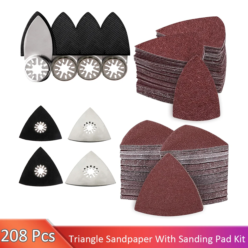 208Pcs Oscillating Tool Sanding Pads Kit 4Pcs Triangle Sanding Pads and 4Pcs Finger Sanding Pad, 200Pcs Multitool Sandpaper Set