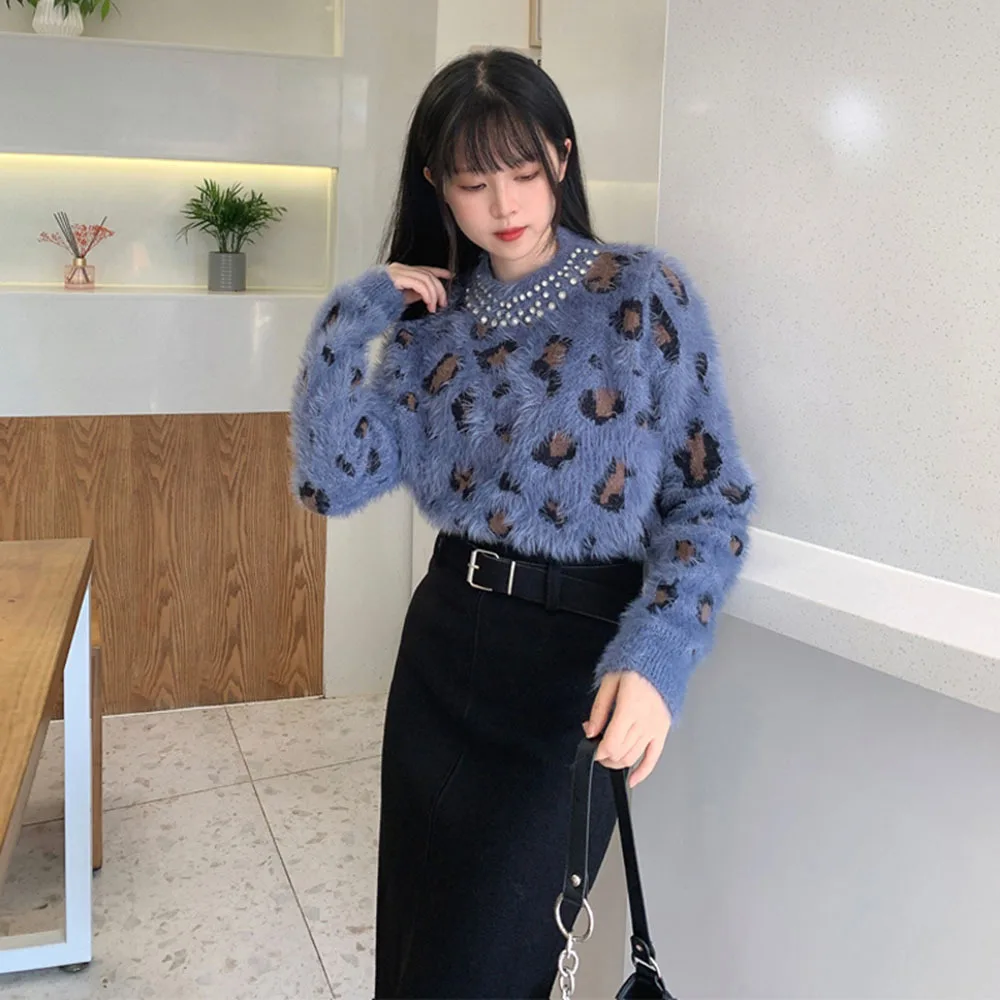 2022 Winter Clothing Women\'s Pullover Loose Fashion Sweater Korean Leopard-Print Rhinestone O-Neck Jumpers Long Sleeve Knit Tops