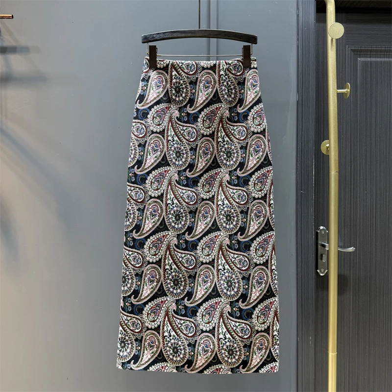 

Новая жаккардовая юбка средней длины в китайском стиле, женская осень 2024, длинная юбка с высокой талией и узкими разрезами на бедрах