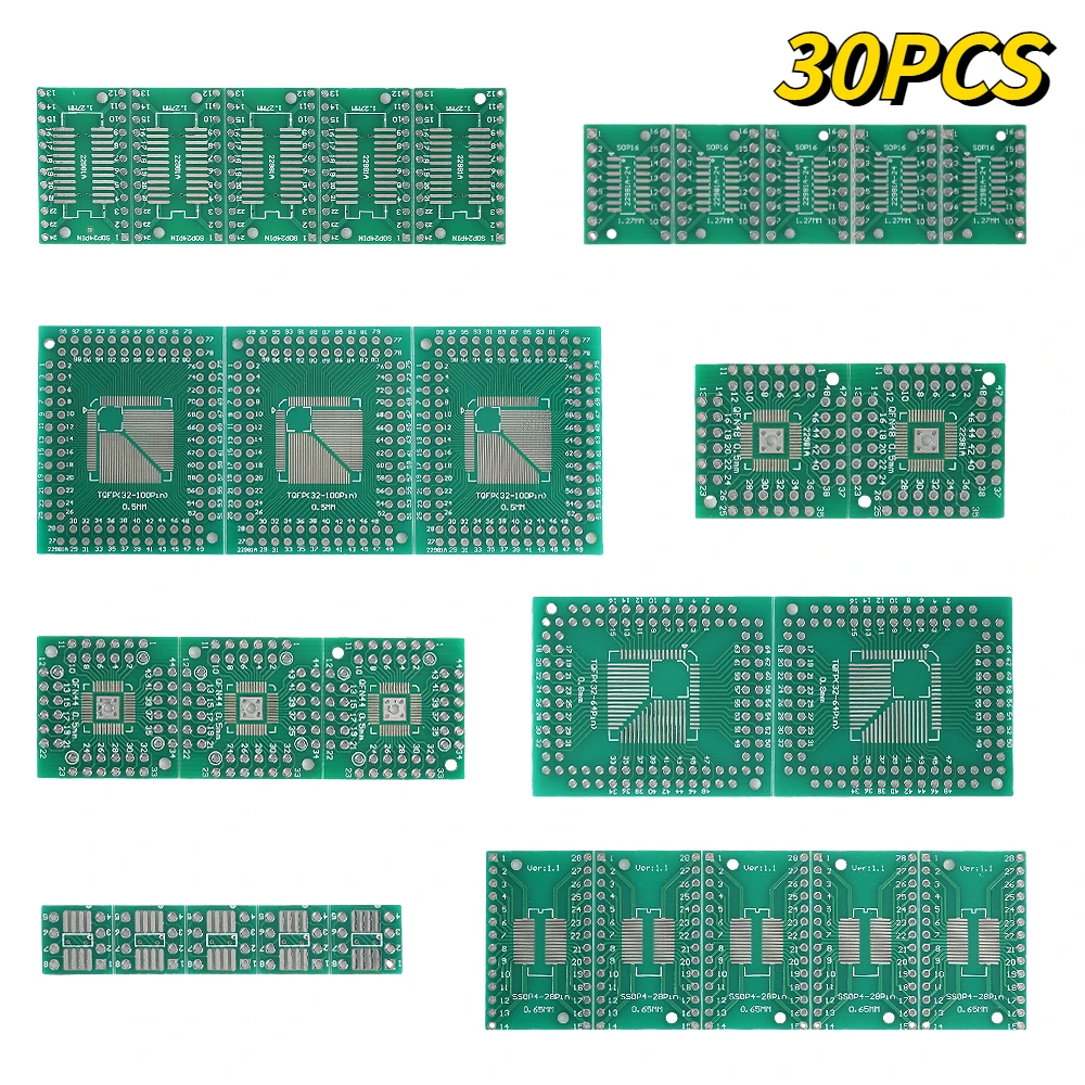 30PCS/lot SMD PCB Board Kit SMD Turn To DIP Adapter Converter Plate Circuit Board FQFP HTQFP QFN48 SOP SSOP TSSOP 8 16 24 28