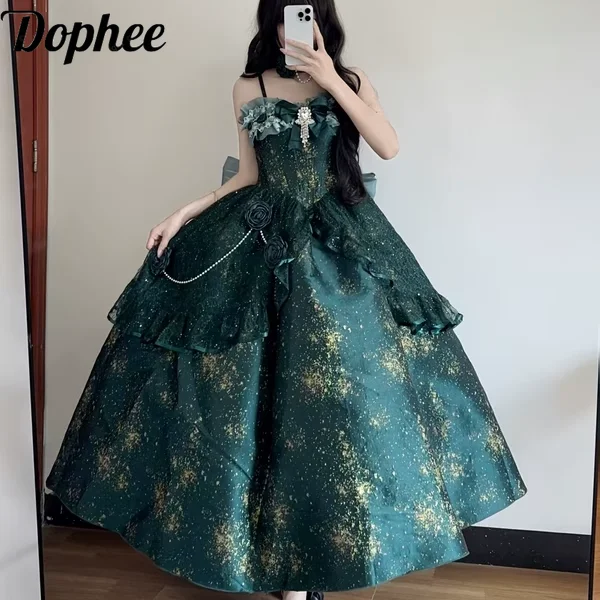 Dophee Lolita Flower Wedding Evening Party Dress Women Green Suspender Long Dress Elegant Sexy Off Shoulder Lady Banquet Dress