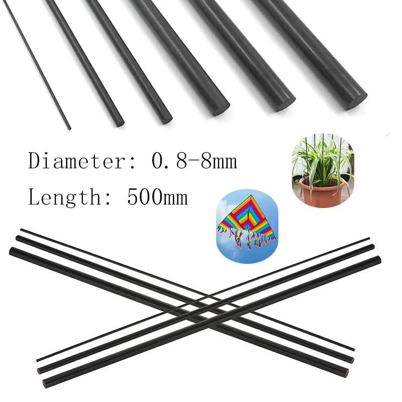 Hastes de fibra de vidro pretas, comprimento 500mm, 0.8/1/1.5/2/2.5/3.5/4/4.5/5/6/7/8mm, haste de fibra de vidro para barracas, estufas, plantio, kite com 10 peças