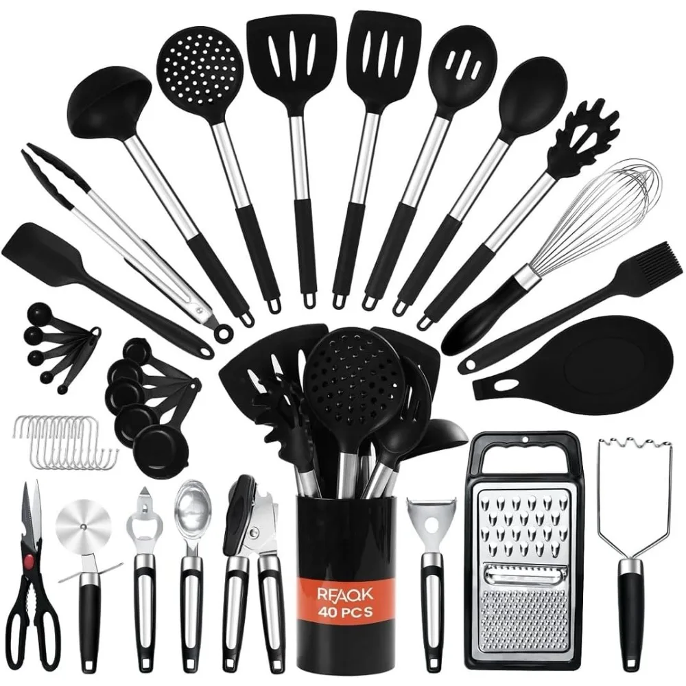 

40pcs silicone cooking utensils set 446℉ heat resistance, bpa free kitchen utensils set for nonstick cookware, gadgets includes