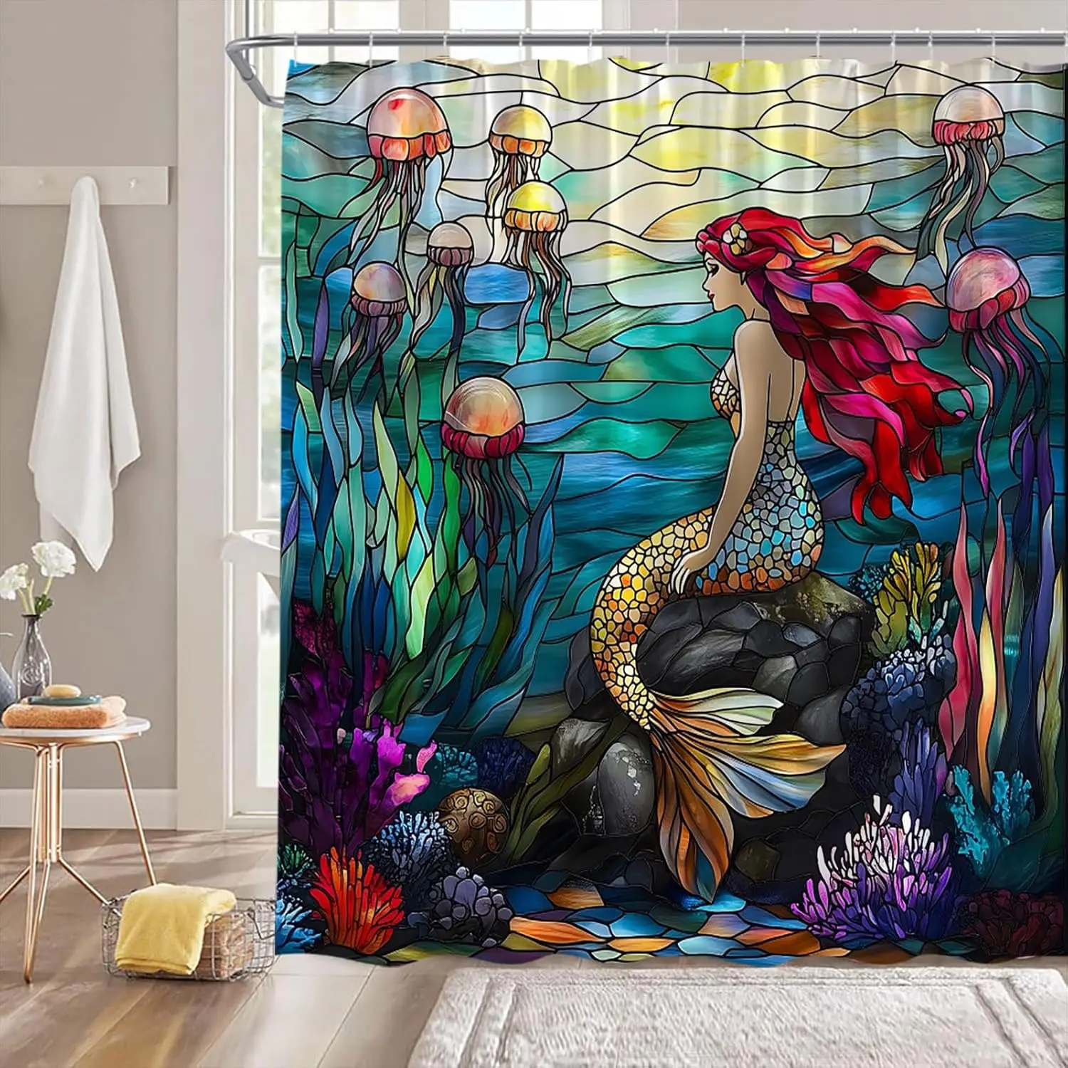 Stained Glass Mermaid Shower Curtain Vintage Blue Ocean Underwater World Cute Mermaid Jellyfish Coral Nautical Fabric Bathroom