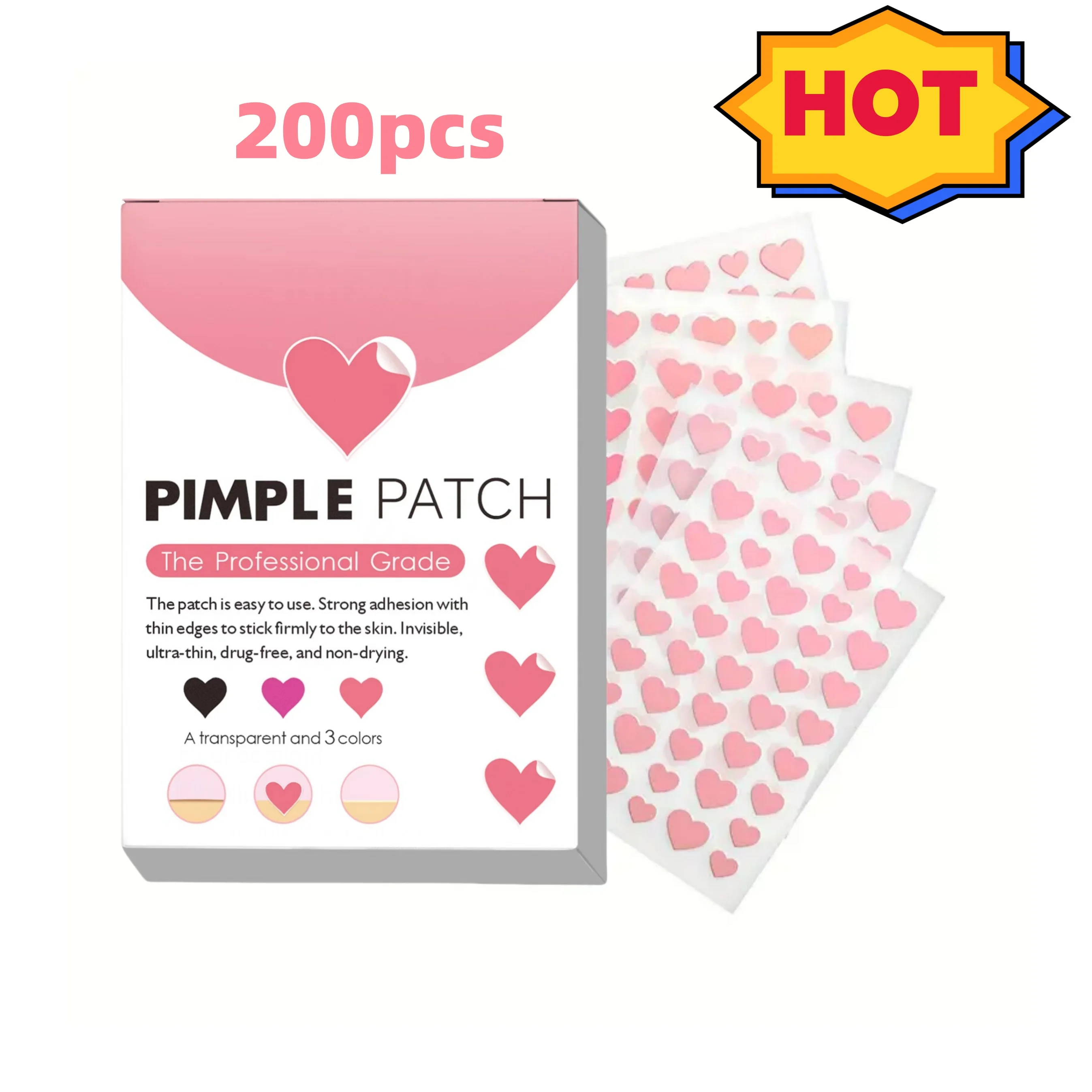 200 Stück rosa Liebes-Akne-Aufkleber, wasserdicht und atmungsaktiv, täglicher Gesichtsgebrauch, Gesichtshaut