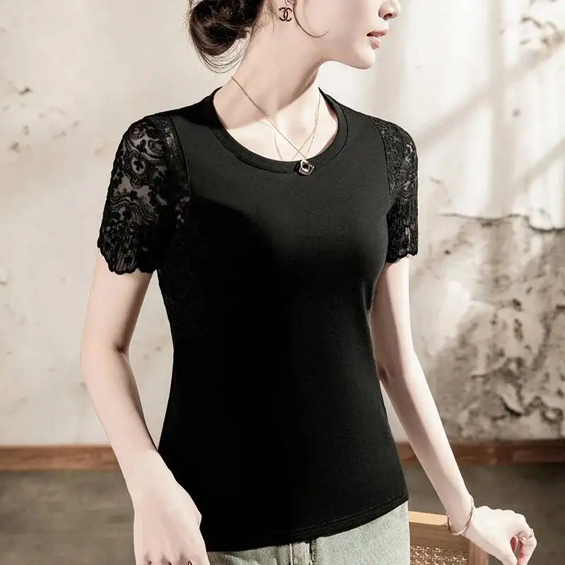 # 4223 Spitzen-Kurzarm-T-Shirt für Damen Rundhals Slim Fit Kurzarm Stretch-Baumwoll-T-Shirt Femme Sexy Schwarz Weiß Sommer