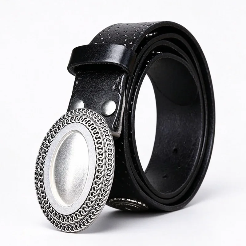 Vintage-Style Trendy Personalized Genuine Top-Grain Leather Western-Inspired Plate-Buckle Belt