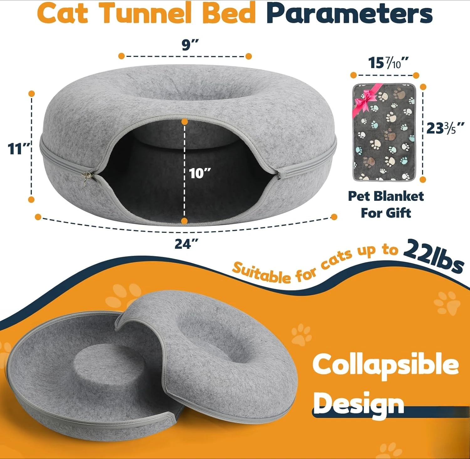 Large 24 inch,Cat Tunnel Bed,Peekaboo Cat Cave with Pet Blanket,Detachable Donut Tunnel Bed for Indoor Cats,Exercise Sc