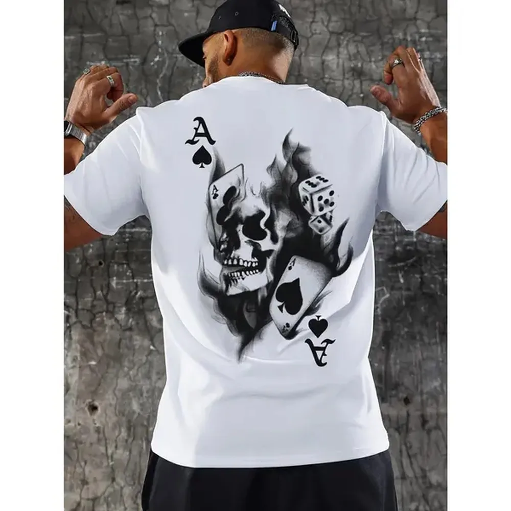Cotton Short Sleeve T-Shirt Stylish Men's Poker Print Crew Neck T-Shirt - Soft, Breathable, Short Sleeve, Casual Wear for Outdoor Activities - Perfect for Poker Fans and Enthusiasts