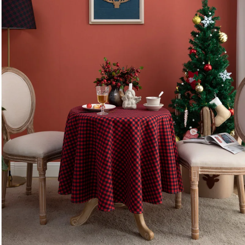 Weihnachtsdekoration, runde Tischdecke, karierte Tischdecke für Neujahr, Familientreffen, Restaurant, Party, Abendessen, Heimdekoration – Detail 8