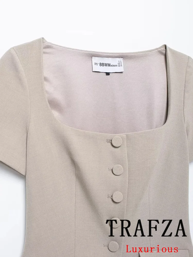 TRAFZA Vintage Chic Women Blazer Solid Single Breasted Square Collar Short Sleeve Blazer Fashion 2024 Autumn Office Lady Blazer