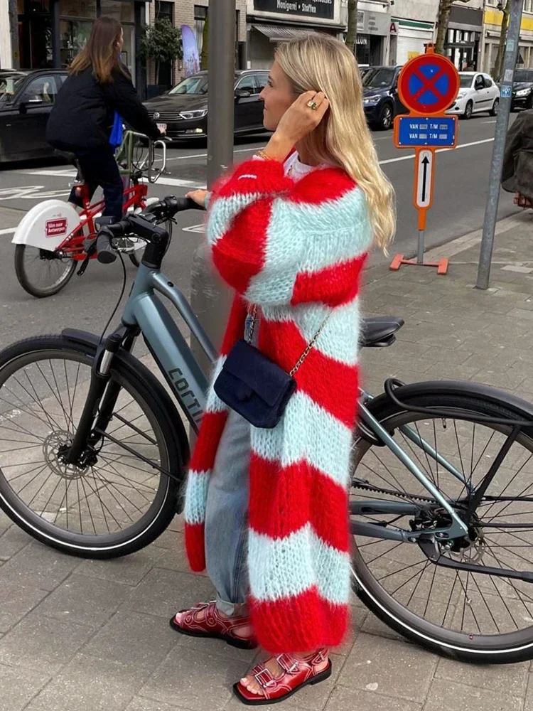 Cárdigan largo a rayas para mujer, suéter de manga larga farol, abrigo de punto holgado de gran tamaño, ropa de calle Chic, moda de otoño