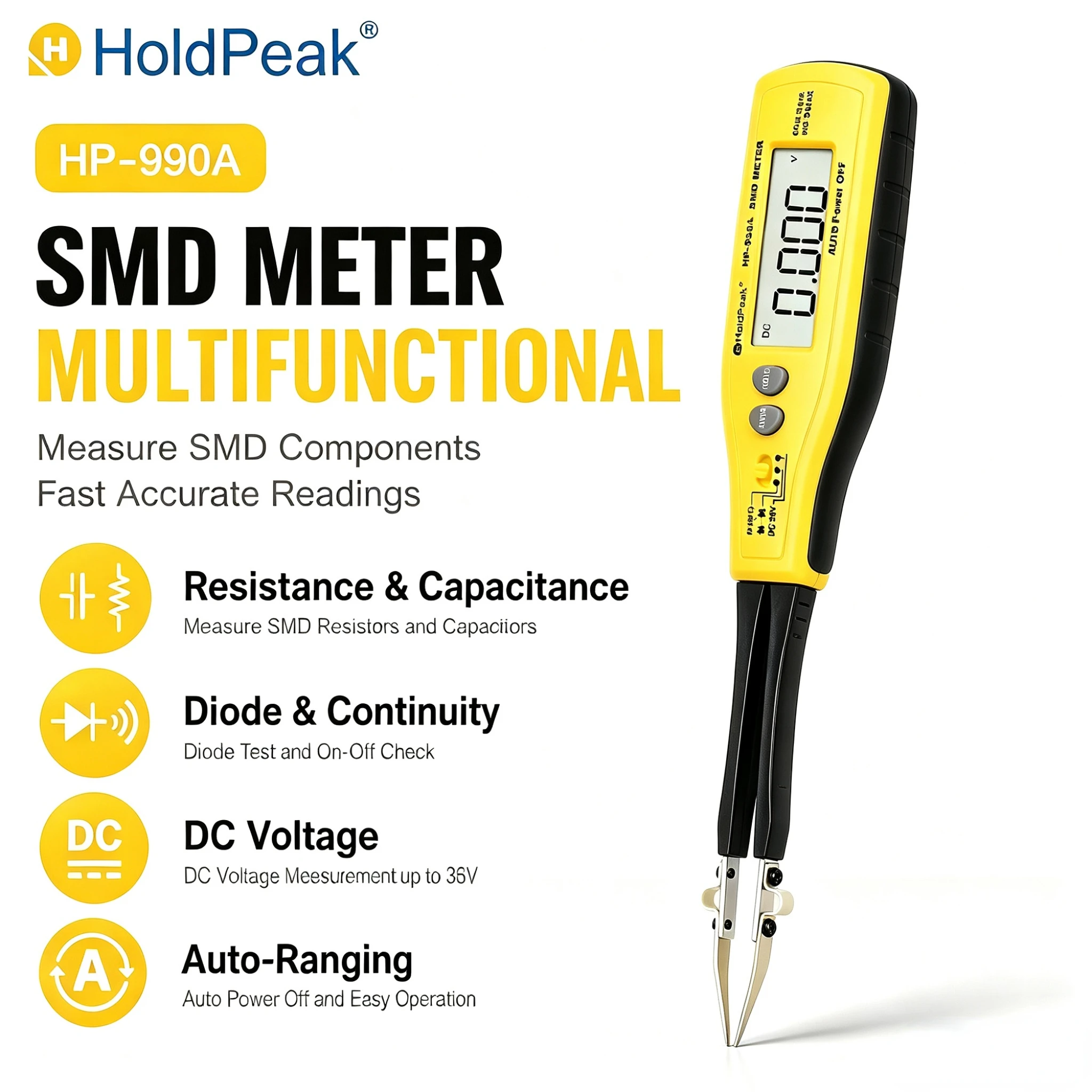 HoldPeak SMD Tester 3000 Counts Auto Multimeter ±1.2% Accuracy CE Certified Gold-Plated Pins for Electronics Repair