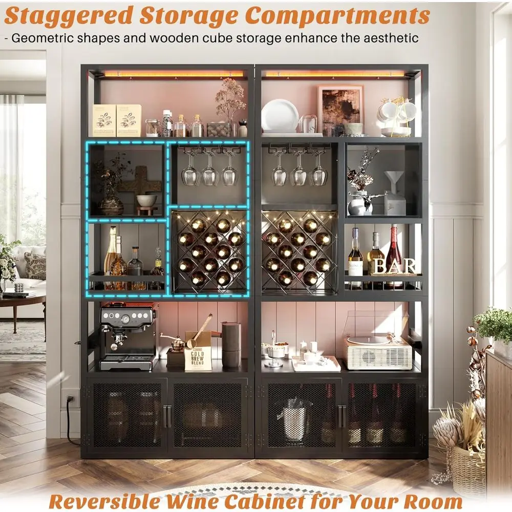82.6" Tall Bar Cabinet with Power Outlets & LED Lights, Liquor Cabinet Bar or Home, Reversible Coee Station Wine Cabinet with Gl - view 5