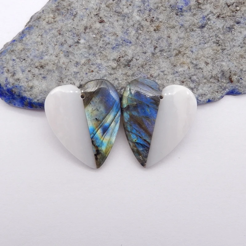 Handmade Jewelry Natural Stone Labradorite Pink Opal Fashion Heart Shape Earrings Accessories For Women 25x21x5mm 7g