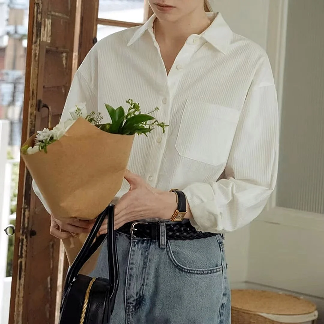 

Ribbed 100% Cotton Cardigan Womens Tops 2024 Single-breasted Long Sleeve Loose White Shirt Luxury Women 2024 Clothing Streetwear