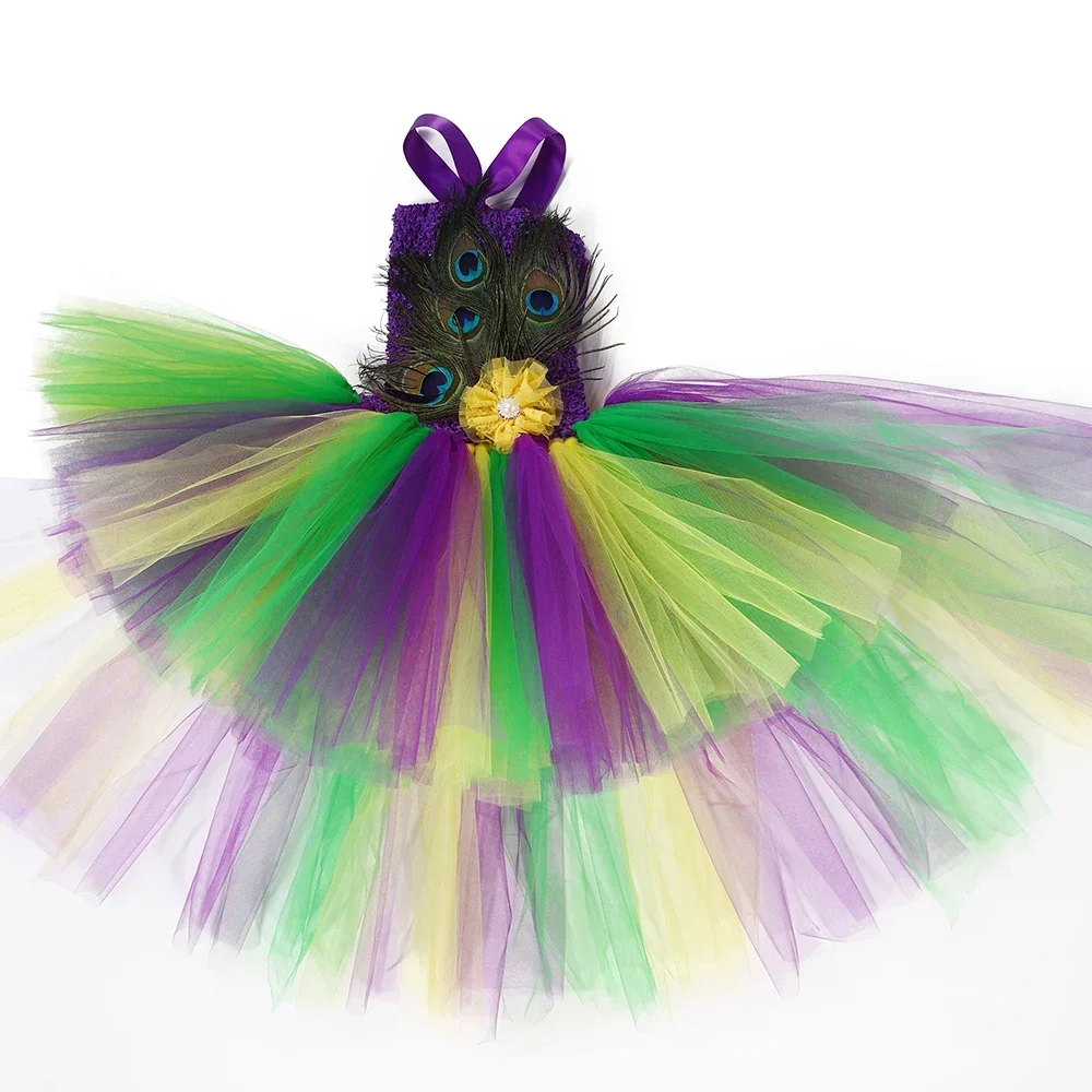Girls Peacock Costume Kids High Low Flower Feathers Tulle Princess Tutu Dress Girls Halloween Mardi Gras Pageant Party Dresses