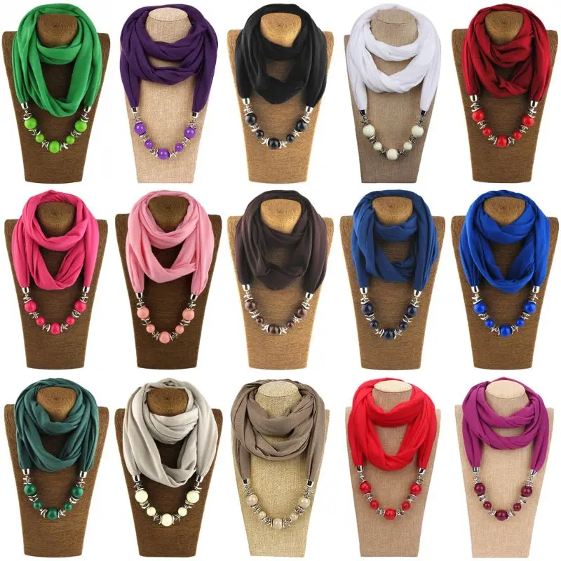 

Women Solid Color Ring Scarf Hijabs for Infinity Wrap Multistyle Jewelry Necklace Beads Pendant Scarf Lady Apparel Acces