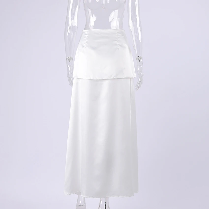 Linad Elegant Satin White Long Skirts For Woman Office Folds A Line Skirts Summer Casual Solid Ankle Length Skirt 2025 Spring