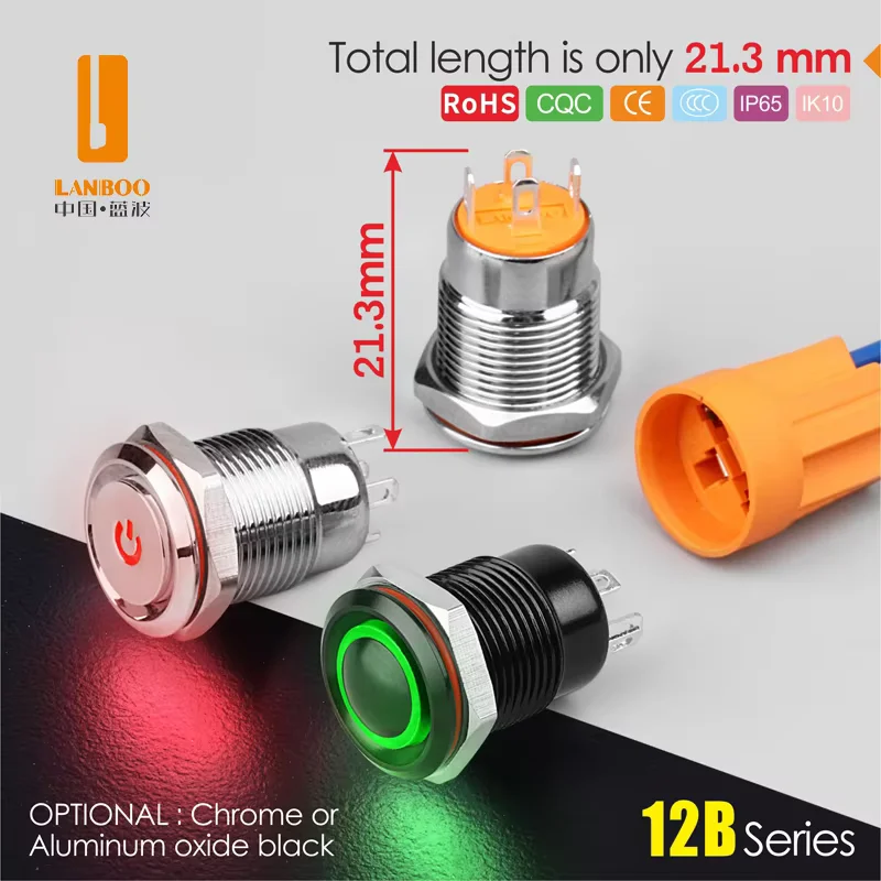 

LANBOO 12mm Mini Push Button Switch Momentary Operation Ring Power Light IP65 Stainless Steel Aluminum 12V/24V/220V Max 3A 24V