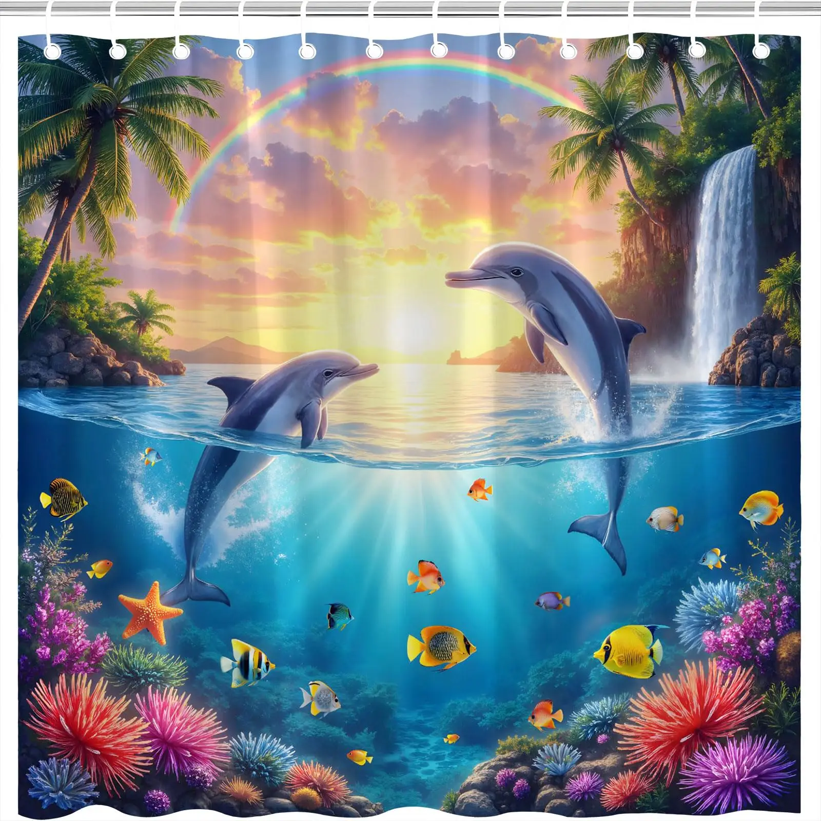 

Dolphin Shower Curtain Ocean Underwater World Fish Coral Waterproof Fabric Bath Curtain for Bathroom Bathtub Decor with Hooks