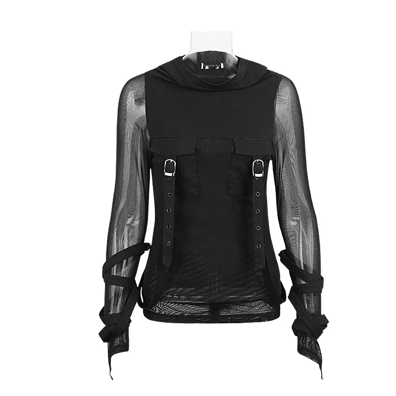 PUNK RAVE Punk Women Dark Street T-Shirt Big Hood Black Translucent Long Sleeves Stretch Tee Shirt Heavy Steampunk Tops Hooded