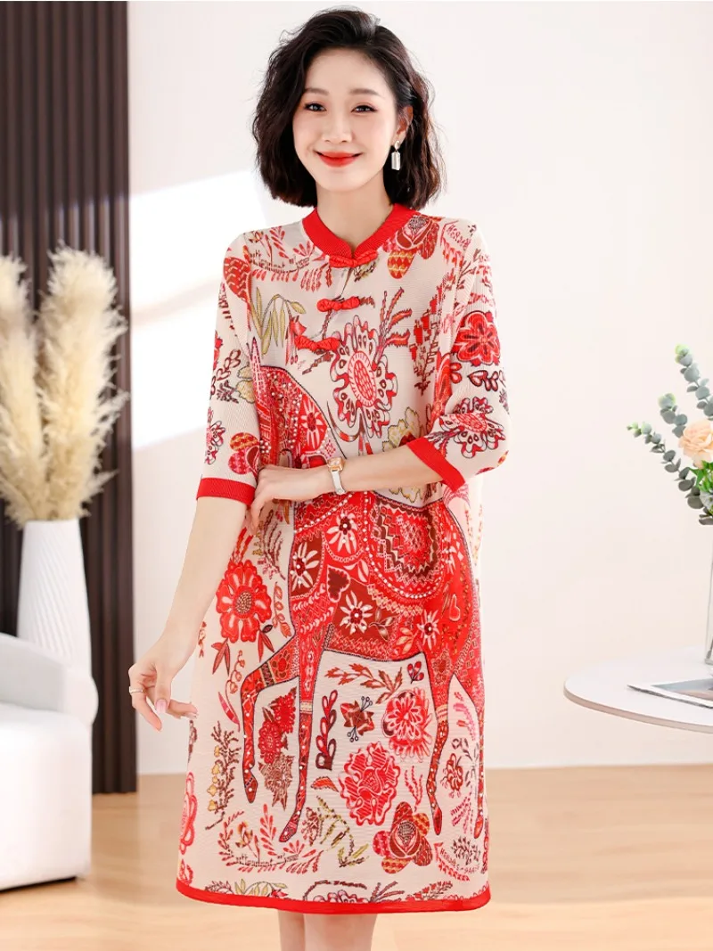 Miyake Pleated Exquisite Printed Loose Party Dresses for Women Chinese Modified Cheongsam Retro Stand-up Collar Elegant Dress