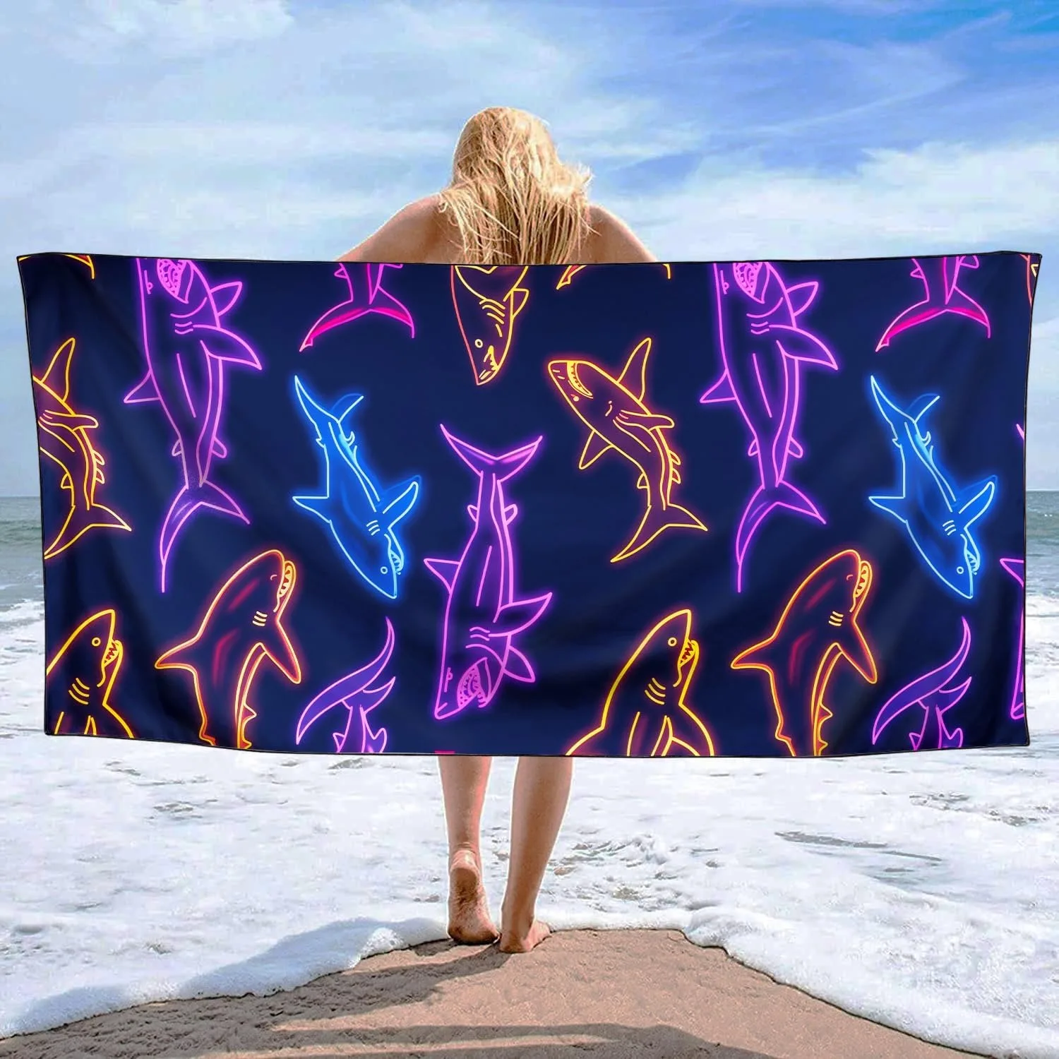 

1PC Shark lines pattern Beach Towel for Family stuffs friend Gift Quick-Dry Sand free For Bath Yoga Beach Camping Swimming GYM