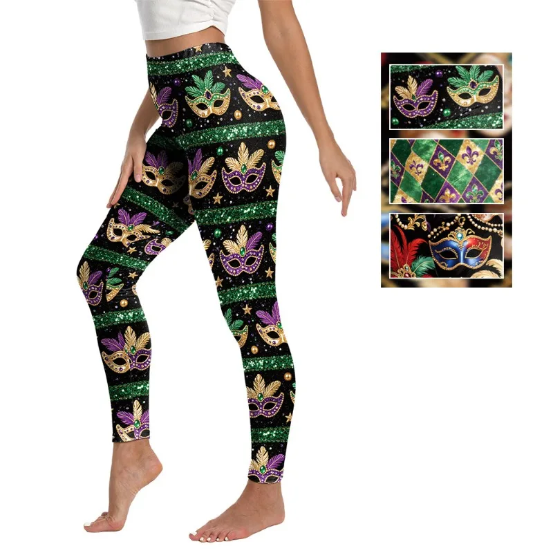 Women Mardi Gras Mask Print High Waist Leggings Purple Green Gold Stretch Elastic Carnival Party Skinny Pants
