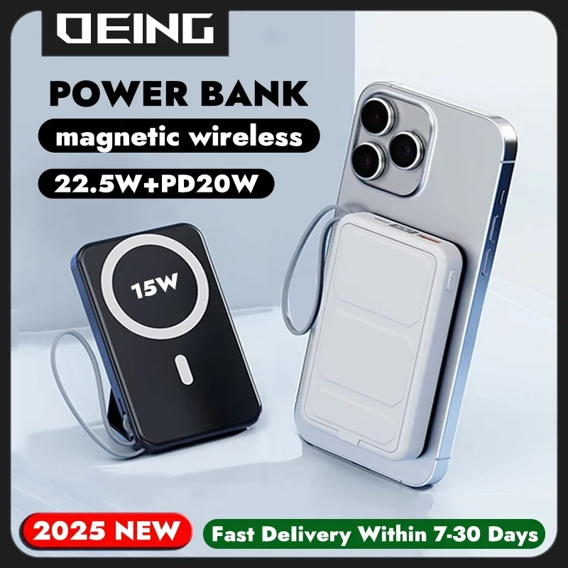 

Foldable Magnetic Powerbank With 2 Cable Fast Charging Battery For Magsafe Power Bank Wireless Charger For iPhone Xiaomi Samsung