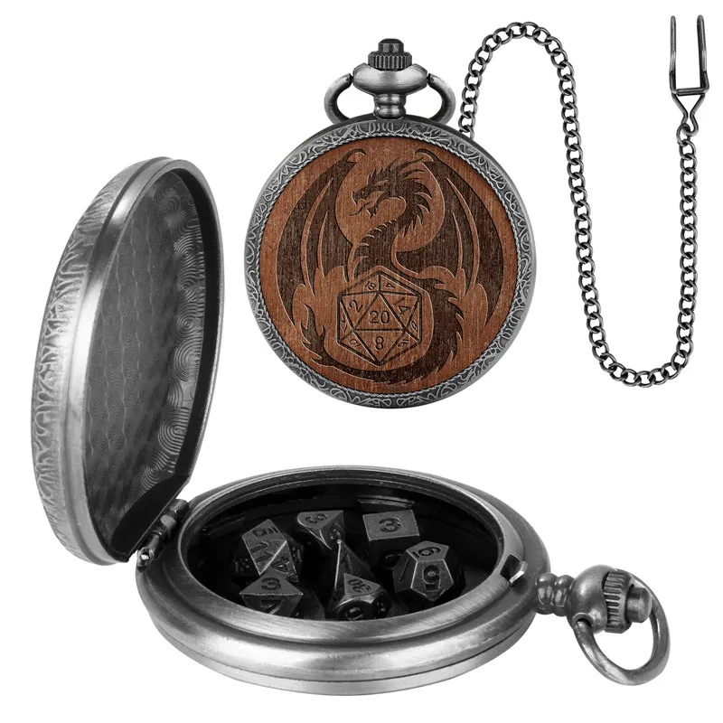 Vintage 7Pcs/set Metal Polyhedral Dices Entertainment Role Play Gaming Dice with Engraved Wood Dragon Pocket Watch Case Chain