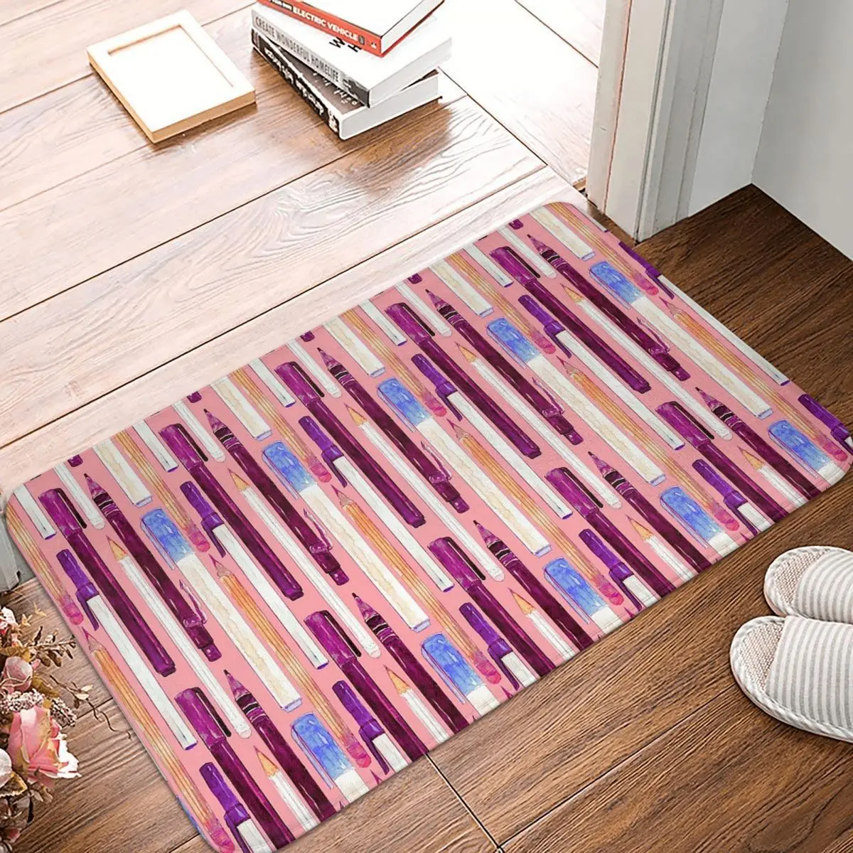 Retro Watercolor Pens And Pencils On Pink Non-slip Doormat Floor Mat Carpet Rug for Kitchen Bathroom Living room Footpad Mats