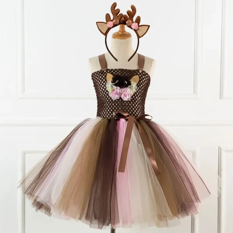 Girls Fansy Tutu Dress Deer Disguise Children Party Carnival Costume Christmas Cosplay Vestido Kid Prom Purim Clothes 2-12Yrs