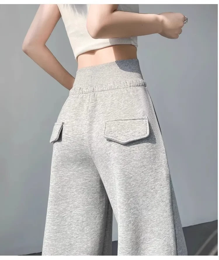 Graue Damen-Sport-Hose mit hoher Taille, locker geschnitten, schlankmachend, gerades Bein, weites Bein, amerikanische Jogginghose – Detail 5