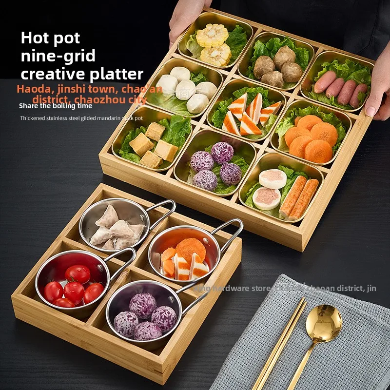 

Nine Grid Stainless Steel Tableware, Hot Pot, Barbecue Side Dishes Bamboo and Wood Trays Vegetable Partition Plates Fruit Plates