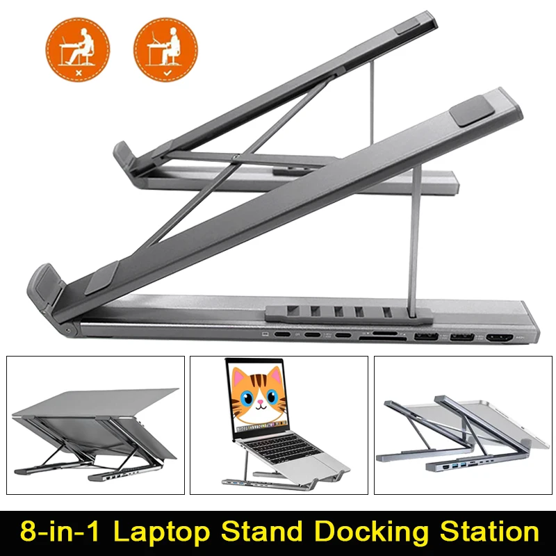 8 IN 1 Aluminium Alloy Laptop Stand with Docking Statio Universal USB C Dock Tablet Stand Foldable Type-C Hubs Adapter Plug Play