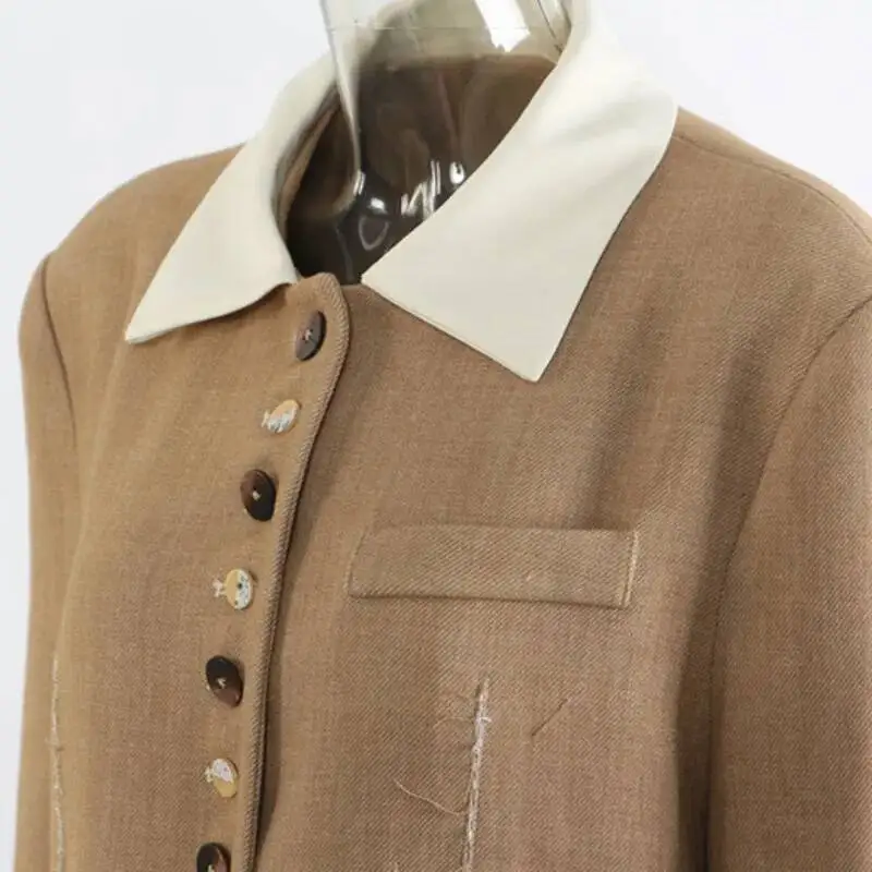 HKSH ربيع الخريف جديد المرأة السترة واحدة الصدر كتلة اللون المرقعة بدوره إلى أسفل طوق المتعثرة مزاجه سترة HK12168 #6