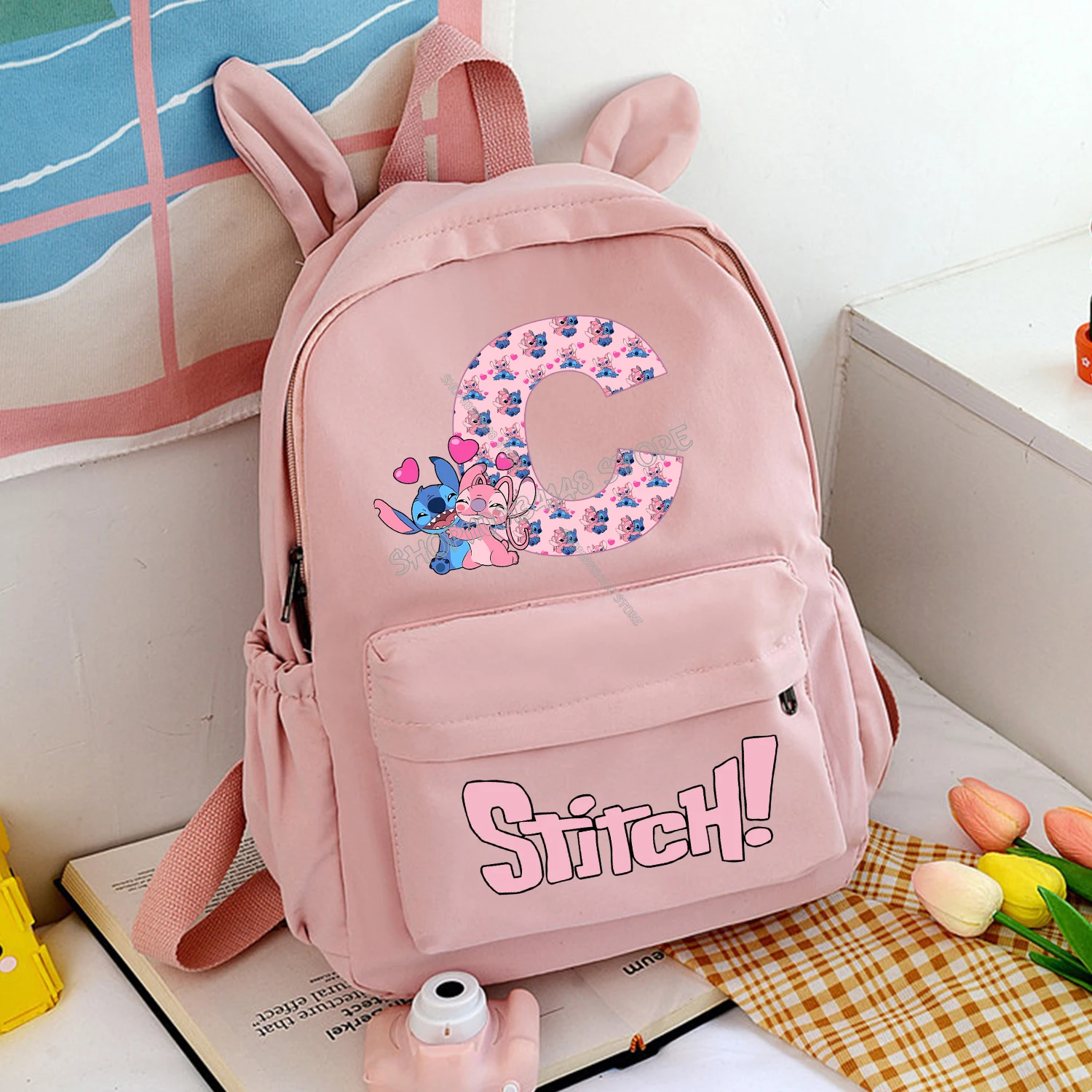 Disney Stitch Letters Backpack 26 Alphabet Cute Cartoon Rabbit Ear Schoolbag Pink Backpack Student Large-capacity Bags Kids Gift