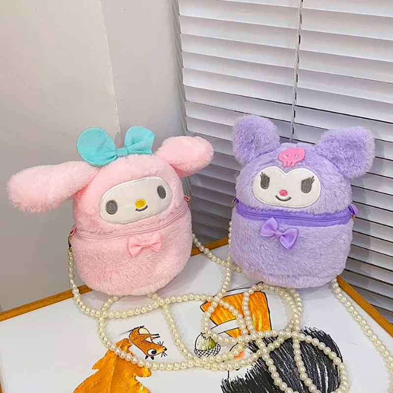 Sanrio Kuromi Melody Pearl Chain Cross-body Bucket Bag Autumn And Winter Plush Bag Japanese Soft Girl Change Storage Bag Batch