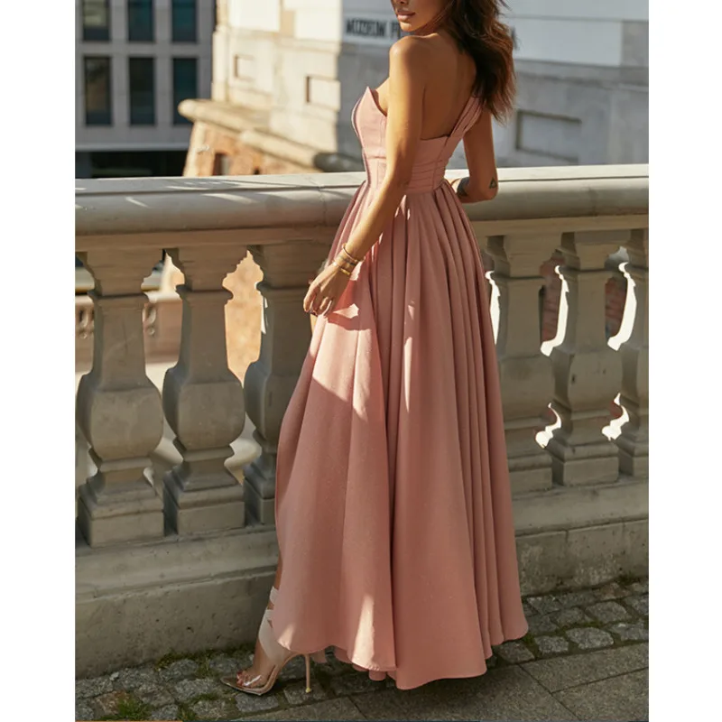 Elegant High Slit Bridesmaid Dress Women V Neck Asymmetrical Hem Pleated Maxi Gown For Formal Evening Party Graduation Gala New