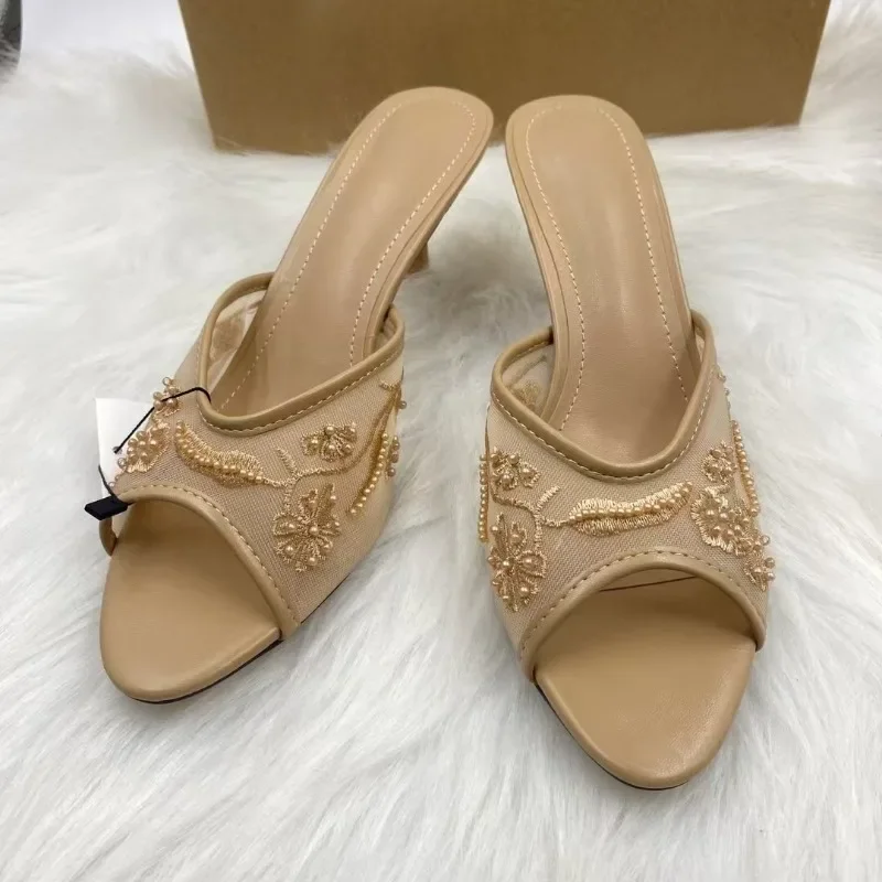 Women Heeled Mules Pearl Embroidered / Elegant Evening Pumps / Mesh Slip On Sandals / High Heel Dress Shoes / Gala Party Wear