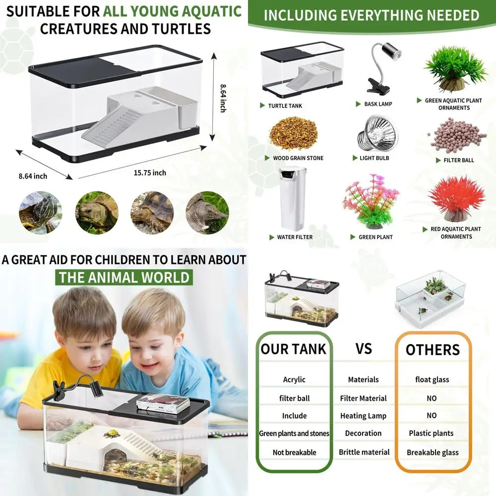 

Aquatic Habitat Kit for Turtles, Crabs, Fish, and Reptiles with Bottom Drainage and Multi-Function Areas, 15.75x8.64x8.64 Inches