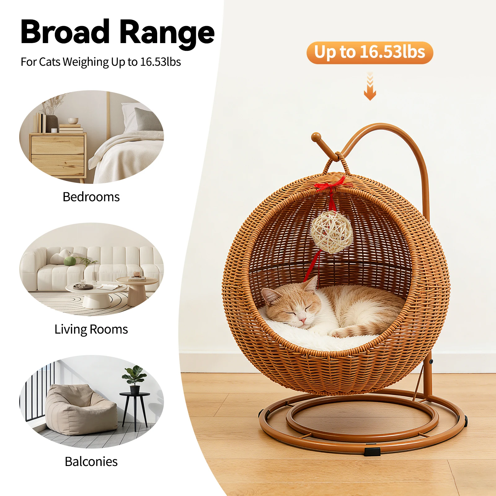 Handgewebtes PP-Rattan-Imitat Freistehende Katzenschaukel mit Hängekorb-Design, Abnehmbar mit Kühlmatte