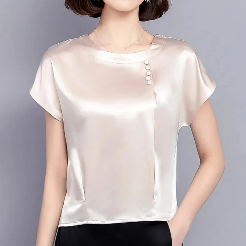 Women's Silk Short Sleeved Blouses, Casual O-Neck Shirts, Solid Loose Tops, Spring and Summer Clothing, New Fashion, 0425