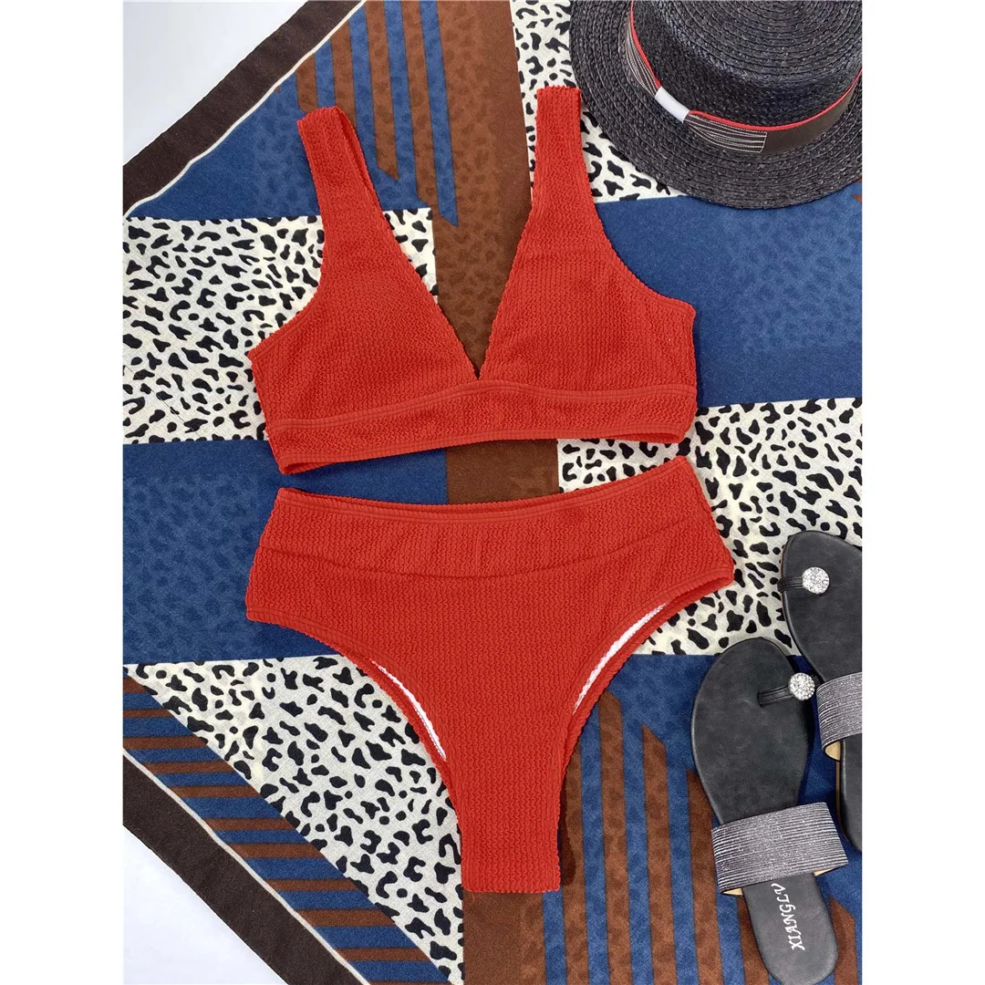 Gefalteter, geraffter Damen-Badeanzug mit V-Ausschnitt, hochtaillierter Bikini, zweiteiliges Bikini-Set, Badebekleidung, Badeanzug, Modell V3590. – Detail 33