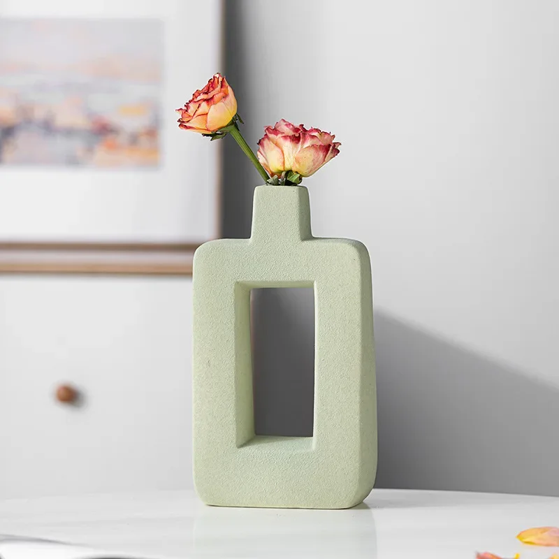 CAPIRON Hollow Out Geometric Design Nordic Light Green Vase Tabletop Ornament Unique Shape Sculpture Living Room Bedroom Office